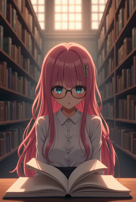 Anime girl with long wavy pink , with glasses and conservative and reserved clothes ,  while reading books in the library with a face would be 