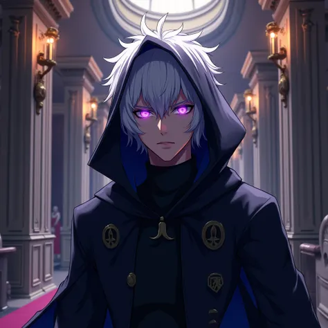 man, look at the audience, White hair, Purple eyes, Devil Mountain,  boobs,  strong camera angle from top, Hood, Speed Line, Anime, Decorative Arts, Elegant hallway background