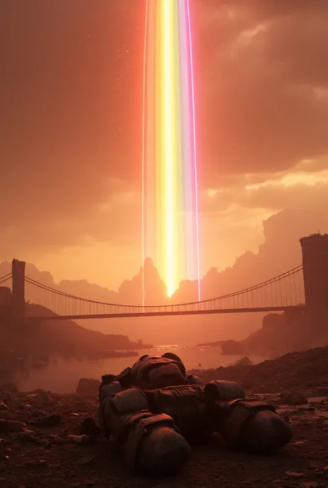 ((beautiful Rainbow Bridge in the sky:1.5),  Ruined City , battlefield, Ruins, Gun smoke fills the air, Broken giant robot, Orange Sky, Dust, Sparkle, Starry Sky, from below ,  wide shot,  cinematic lighting , Blur,   ULTRA WIDE ANGLE  ,  best quality, 8k