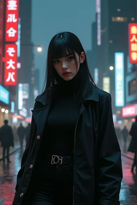 realism. 30 year old woman, white,  straight and black hair. Wearing a turtleneck shirt along with a black overcoat. Cyberpunk urban setting, night.