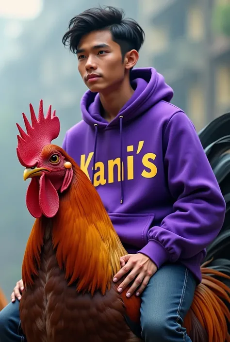  Create a handsome young white Indonesian man, is sitting on the shoulders of a large cock wearing a purple hoodie sweater shirt inscribed kanis name