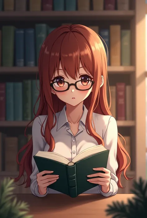 Chestnut anime girl,  with long wavy hair , with glasses and conservative and reserved clothes ,  while reading books in the library with a face would be, Make the camera look POV style