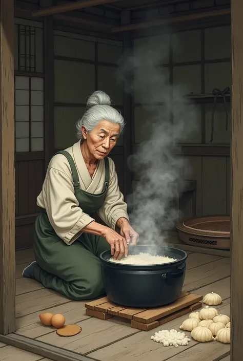 (real)The old woman with white tied up hair made some kibi dumplings for MOMOTARO in poor house