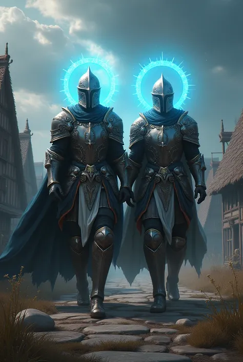  Now create an image with two medieval warriors,  heading into battle , In fantastic armor , the two shoulder to shoulder , And the two of you with a type of neon blue halo ,  dont face this army that is invading the medieval village 