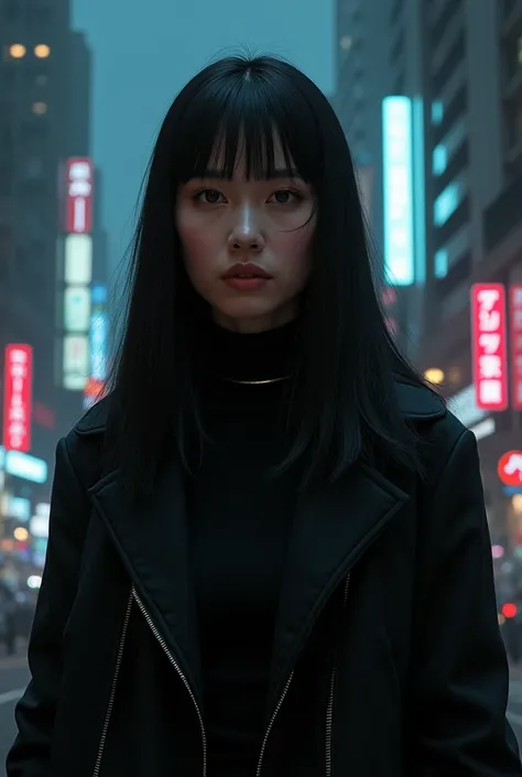 realism.  older woman , white, straight hair, long and black. Wearing a turtleneck shirt along with a black overcoat. Cyberpunk urban setting, night.