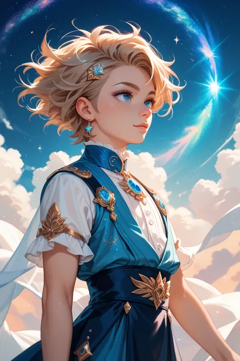 A boy with long brown feminine hair and sky blue eyes is wearing y2k style clothing with the colour palette of white and blue,his age is 19 and he is floating in the galaxy, as energy rays swirl around him. 