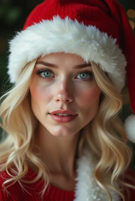 :  blond hair ,   square jaw , High nose with humpback and beautiful and mature androgynous EVA face, with a Christmas hat 