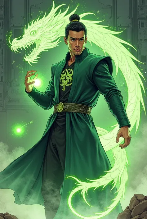 A pen and color pencil sketch in DC comic style of DC Comics "Dragon Mage" Xao Jin: A tall handsome Asian male wearing dark emerald gufeng robe with a pale green dragon emblazoned upon it; Chinese cyberpunk gu-feng with green and black theme, a ghostly dra...