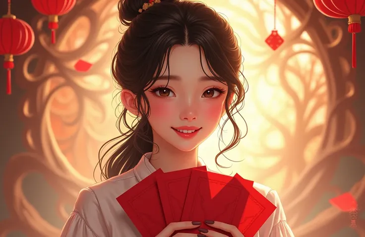 (masterpiece、high quality、High resolution、high quality、Aesthetic Sense：1.2)、(One beautiful woman)、(Fractal Art：2.0)、beautiful girl、Look here、Present the three red envelope、During a card game、Happy face、Your cheeks are red、Laugh mischievously、Soft sunlight、...