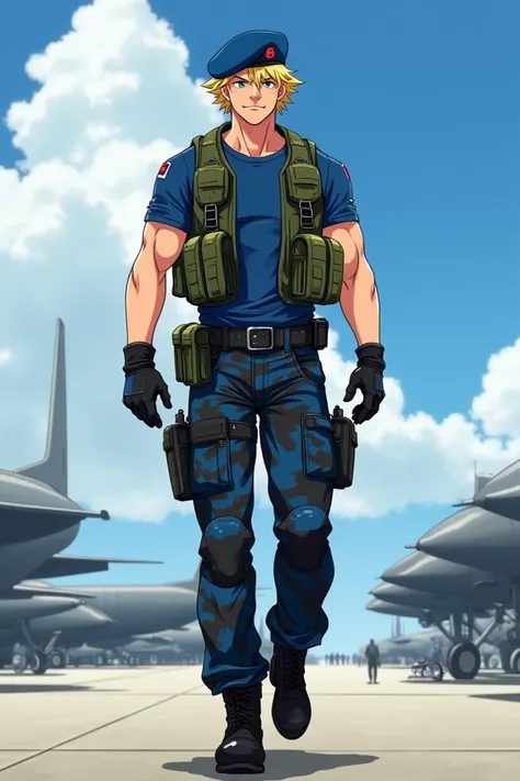  Military Man of the North American Force ,  on his head he wears a blue military beret,  tactical gloves black , tactical belt , blue t-shirt,  military pants with blue black and green mimicry ,  black military boots ,  blonde hair, green-eyed,  shiny bla...