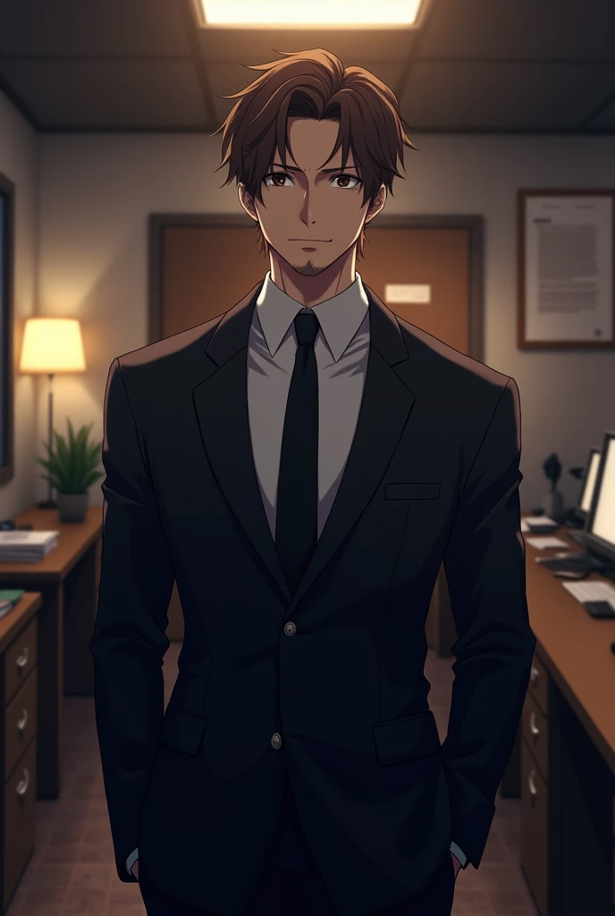  high definition model , man,Short hair, brown hair , big breasts, With a little beard , wearing a black suit, camera corner from the top, Backlight, Anime, Semi-realistic, night office background