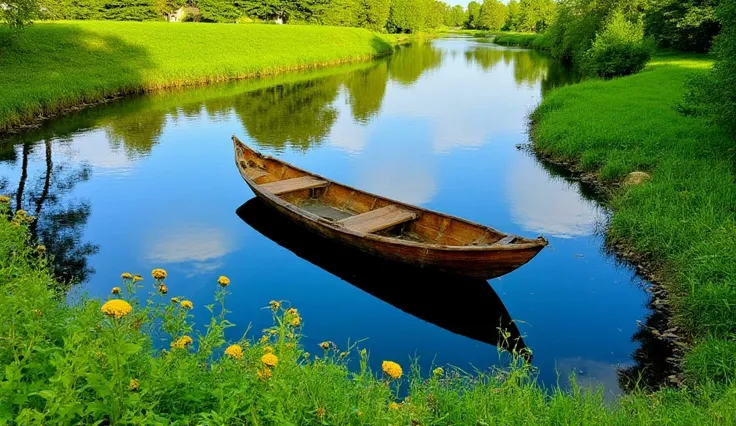 A wooden boat on the river, green trees and grass around it, wildflowers by the side of the water, a calm river with a clear reflection, a peaceful nature scene, a serene environment, a tranquil atmosphere, beautiful scenery, a natural landscape photograph...