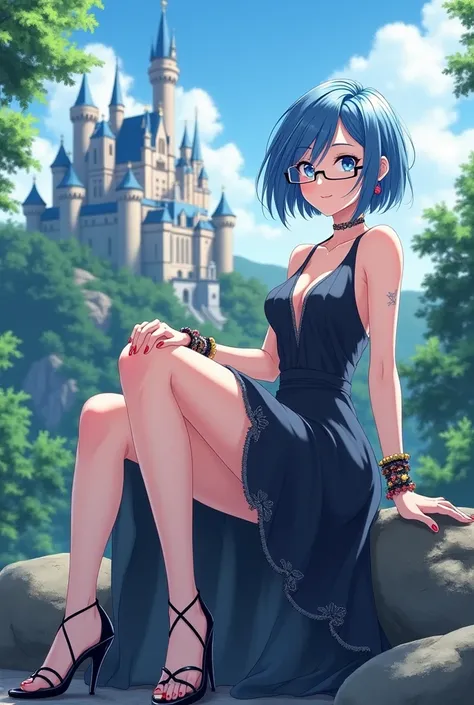 anime,  beautiful woman of twenty-three years old,  short blue hair with white tips ,  bright blue eyes ,  flushed cheeks , mischievous look,  elegant dress, black high-heeled open-toed shoes, a flower on the ankle , many bracelets , earrings, glasses, sit...