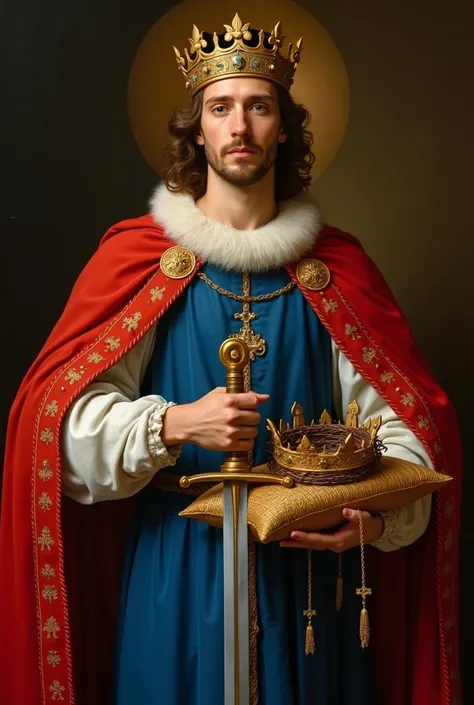 Saint Louis King of France, Perfect face on his head he has a kings crown,  his dress is blue and a red cloak that covers his shoulder ,  his clothes are full of fleurs-de-lis and in his hand he holds a sword and in the other a pillow and on the pillow the...