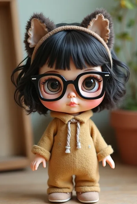 Create a Blythe doll by following the next features and instructions 

She has medium-short and wavy hair, similar to a short Wolfcut
He has square black glasses
Its very chubby
