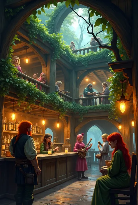 A detailed image of the inside of a fantasy tavern. Two stories tall. Lush plant life up the top with fireflies. Bartender is a male dwarf with orange hair and beard. Band with four females. One is a green Tiefling with black hair. two is a water girl with...