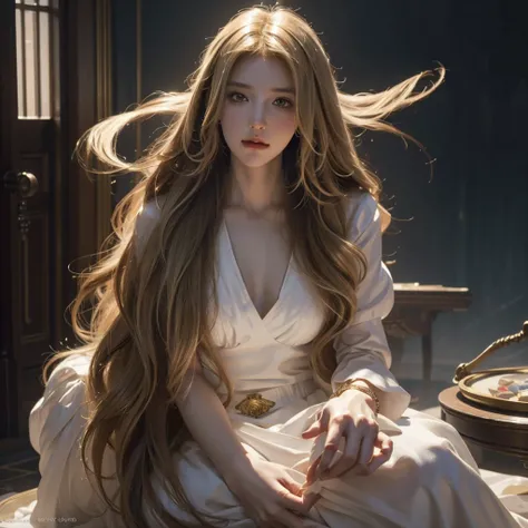 Attractive portrait of a long-haired blonde in a white dress,  complicated,  high definition,   digital painting,  Art Station ,  concept art , mischief,  sharp concentration,  cinematic lighting , Illustration,  Art by Artgerm and Greg Rutkowski ,  Alphon...