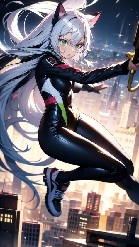 A beautiful girl with silver cat ears, green eyes, silver hair, long hair, black and white battle suit that fits her body perfectly, the background is the night city, the age is 14, dark night, sweat, steam from exhalation, dynamic angles, dynamic action p...