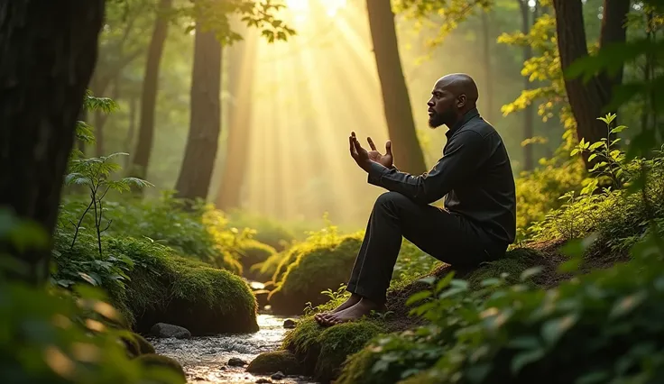 Photo 3 :  Forest View

Dr. Eric Thomas :
 stand in the shade of trees, in the middle of a lush forest.

Background :  Green, streams of light are plucking from the trees.

Pose :  They are sitting down, gesturing with hands, to establish an emotional conn...