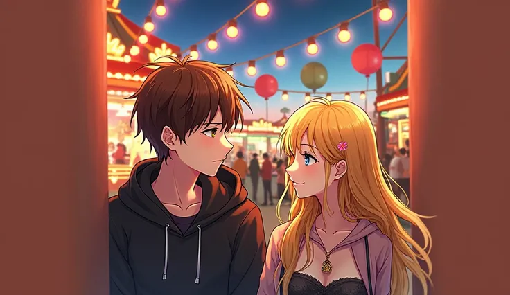 anime profile photo 2 couple (a man and a woman) at a funfair with background.  (man: brown hair, yellow eyes, wearing a black hoodie. facing the woman with a curious face) (woman: yellow hair, blue eyes, wearing an outfit. facing the man with a smile)