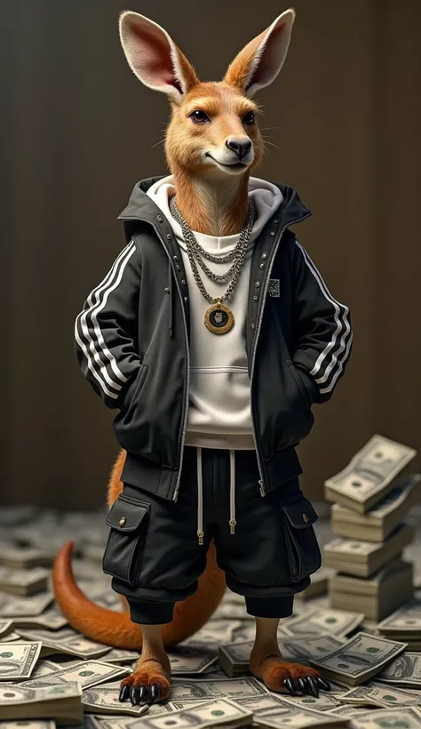 Create an art of a realistic type kangaroo , with sportswear ,  expensive black and white cargo coat and pants , With chains and watch face of satisfaction standing in front of a table full of dollars