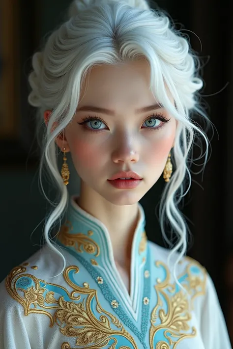 Beautiful girl with white hair and blue eyes in a Thai pattern dress., Thats very detailed., (Beautiful face details), intricate detailed, Pictures of elegant and complex Thai patterns, Portrait of a female man, very high details, Realistic photos, 8k, UHD...