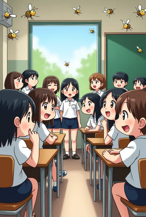  Make a cartoon of medium black haired boys with brown haired girls in class wearing white school shirts and Navy underpants, theres a swarm of s laughing at them . Hes in class and wearing the same clothes 