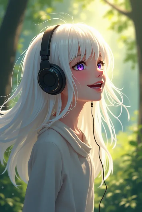 White hair, cute, side view, purple eyes, headphone on, singing, vibing happily, forest, 

