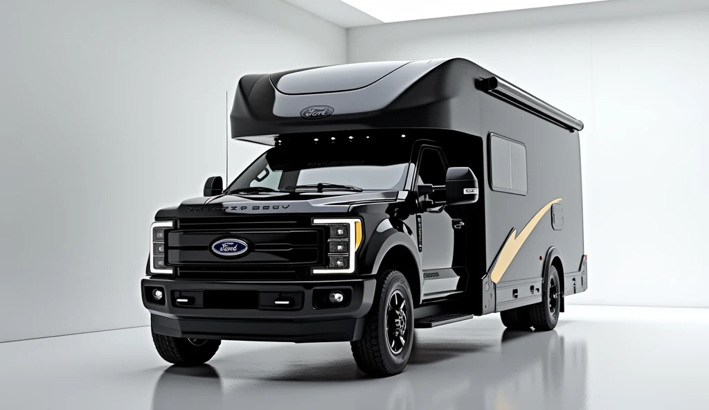 Here is the image of the 2025 Ford Motorhome Camper Truck in a luxurious  white brithshowroom, shown from front  view and in a vibrant black color. Let me know if you would like further adjustments!