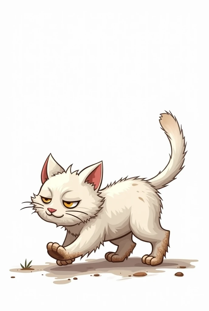 
generate a dirty white cat walking, use a cartoon style with white background