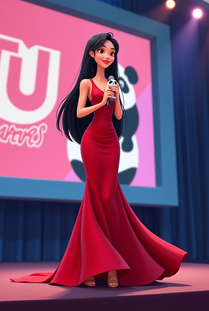 Woman 30 years, long black straight hair, wearing red v strap long taffeta ball gown wide skirt dress with gold strap high heels sandals. 
Thanking on microphone and Holding award in the form of a small white and black panda 🐼, with pink and blue backgroun...