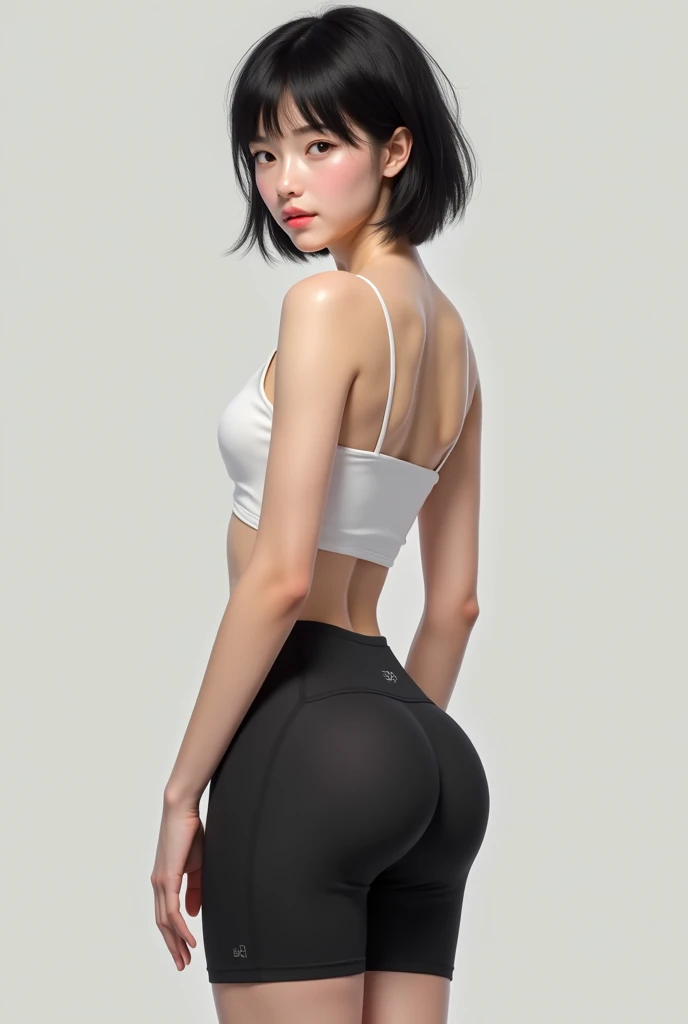 Short black haired girl wearing a white top and black spandex bike shorts showing her butt and buttocks