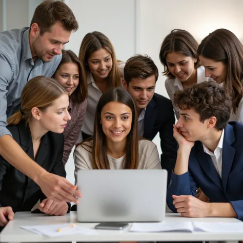 Men and women working around a one laptop and having a discussion