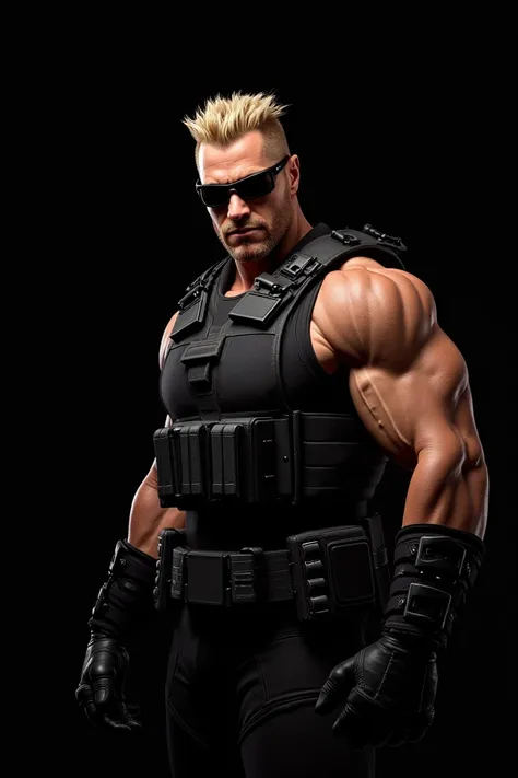 Create a Duke Nukem image , Expose only above the shoulders.  You must show your typical expression of confidence and defiance .,  wearing his sunglasses and military gear .  The background must be completely black to highlight the atmosphere of action and...