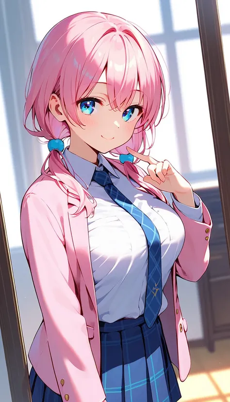  beautiful eyes,とてもかわいいface,Beautiful girl,( solo girl),(large breasts),(Pink Hair,Cross Bangs ),(low twintails:1.4),( light blue eyes), smiling with her mouth wide open ,Student uniform,Pink blazer, collared shirt , Grey Pleated Micro Mini Skirt,blue plai...