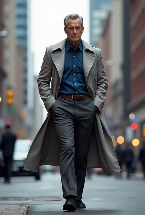 Man in dark grey trouser blue shirt black suede shoes and grey white trench coat 
