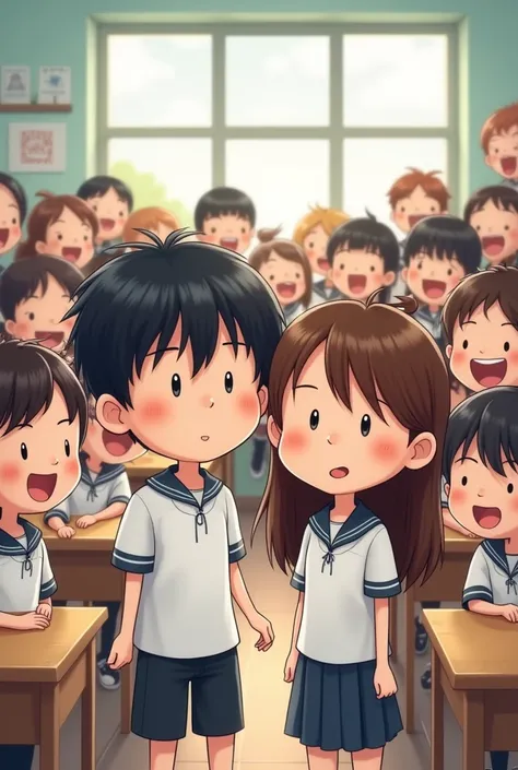 Make a cartoon of a medium black haired boy with a brown haired girl in a flat expression second class wearing a white school shirt and Navy color bottoms, theres a swarm of s laughing at them . Hes in class and wearing the same clothes 