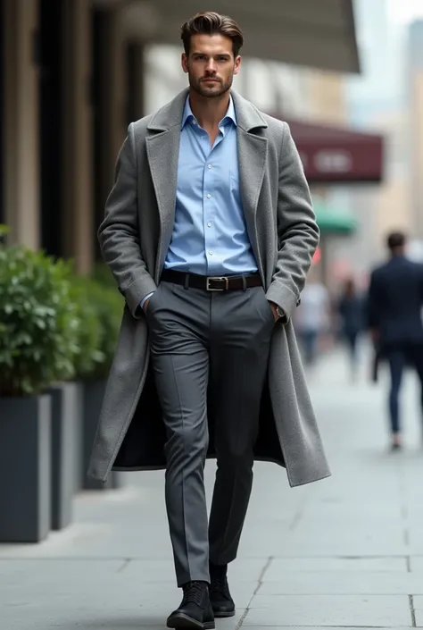 Man in dark grey trouser light blue shirt black suede shoes and grey white trench coat 
