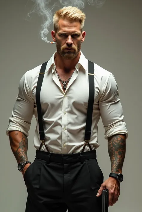 a blond man, thin beard,  he looks Paul Walker style, strong, high,  with white dress shirt with suspenders,  black linen pants , coldre,  a Glock on the hand , smoking a cigarette. smoke, tattoos., Tattooed hand and neck , danger, Suit 