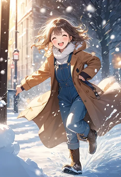 (masterpiece, best quality),
A bright and lively anime illustration,
a cheerful girl ,happily,splashing around in the snow, wearing a brown coat and gray boots, 
art style features clean, dynamic lines, focus on flowing movement and snow spray,bright and v...