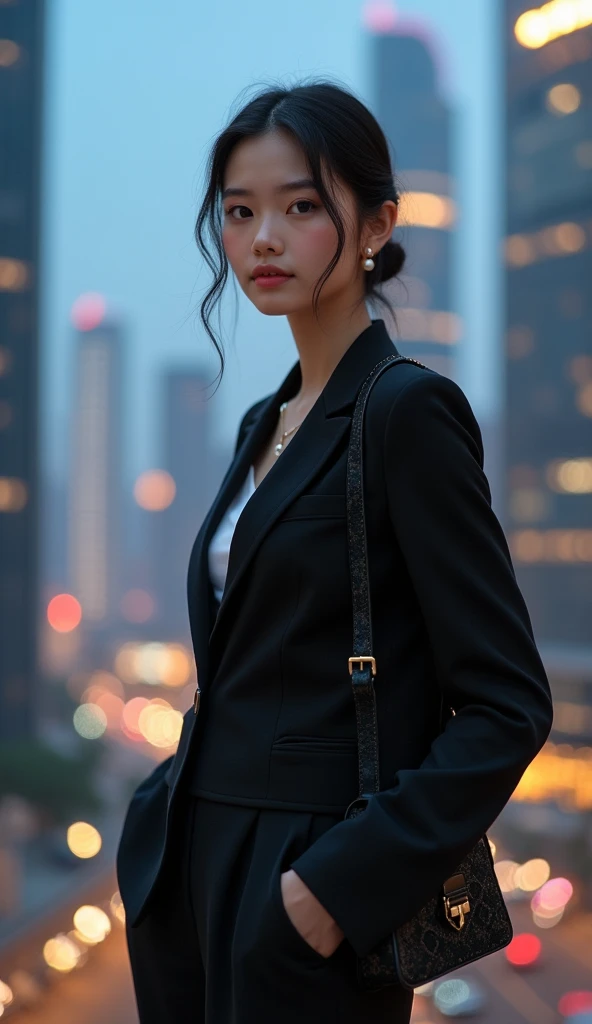 Thai woman, A sophisticated Asian teenage girl in a chic tailored blazer and high-waisted trousers, posing elegantly against a sleek city skyline. Her hair is styled in a smooth low bun, and she wears classic pearl earrings. She stands confidently with one...