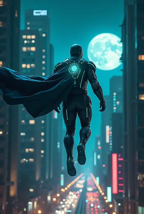 A futuristic superhero flies over a neon city at night. Hes wearing a high-tech suit of armor that glows with blue and green lights, and his cape flutters dramatically in the wind. The city lights reflect off the windows of the skyscrapers. The sky is fill...