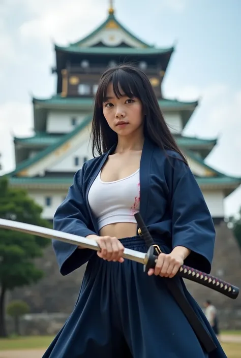 Minami Hamabe in her kendo uniform、Japanese sword、Navy blue uniform、Hold the handle of the sword with one hand、Minami Hamabe in her kendo uniform、Japanese sword、White Bura、White bra、Fight、Hold the handle of the sword with one hand　Osaka Castle　inflammation...