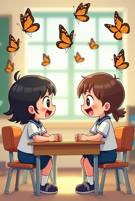 Make a cartoon of a medium black haired boy with a brown haired girl in the second grade of flat expression and confusion wearing white school clothes and Navy color bottoms, theres a swarm of s laughing at them . Hes in class and wearing the same clothes 