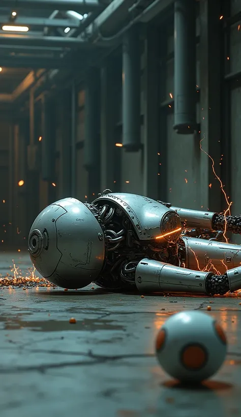 The robot sprawled on the ground, sparks and glitches coming from its body as the ball goes past.