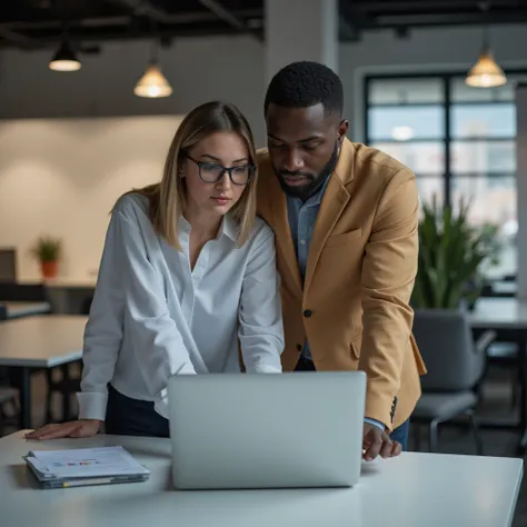 one white woman wearing spectacles using a laptop and a back man watching the same in a modern office