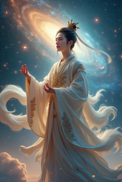  Create a beautiful Chinese animated young male god dressed in antique costume creating the universe, galaxy ,  star 9 aspect ratio :16