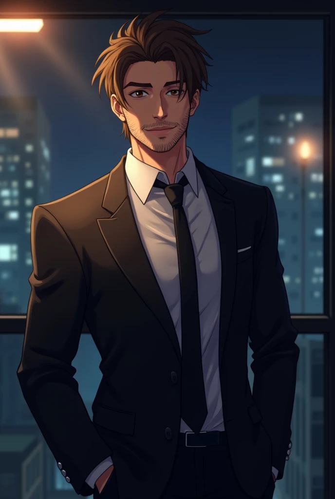  high definition model , man,Short hair, brown hair , big breasts, With a little beard , wearing a black suit,Muscular body, camera corner from the top, Backlight, Anime, Semi-realistic, night office background