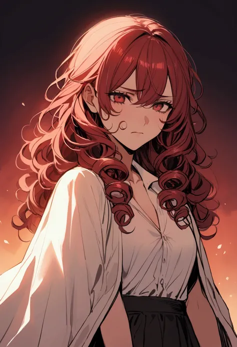 Attractive young adolescent girl with very curly hair short to her shoulders dark reddish color she has a disappointed face on her face