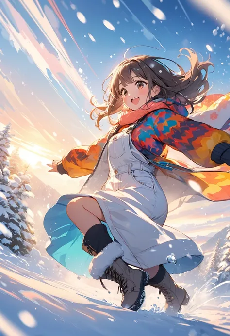 (masterpiece, best quality),
A bright and lively,
a cheerful girl,happily splashing around in the snow, wearing a various animal-pattern coat and gray boots, 
art style features clean, dynamic lines, focus on flowing movement and snow spray,bright and vibr...